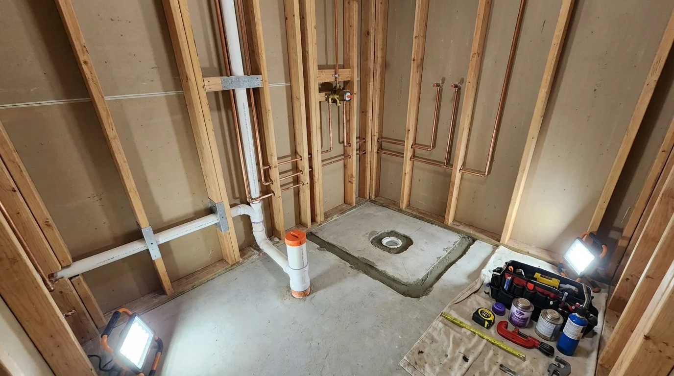 Bathroom rough-in plumbing during remodel by Johns Plumbing LLC in Onalaska