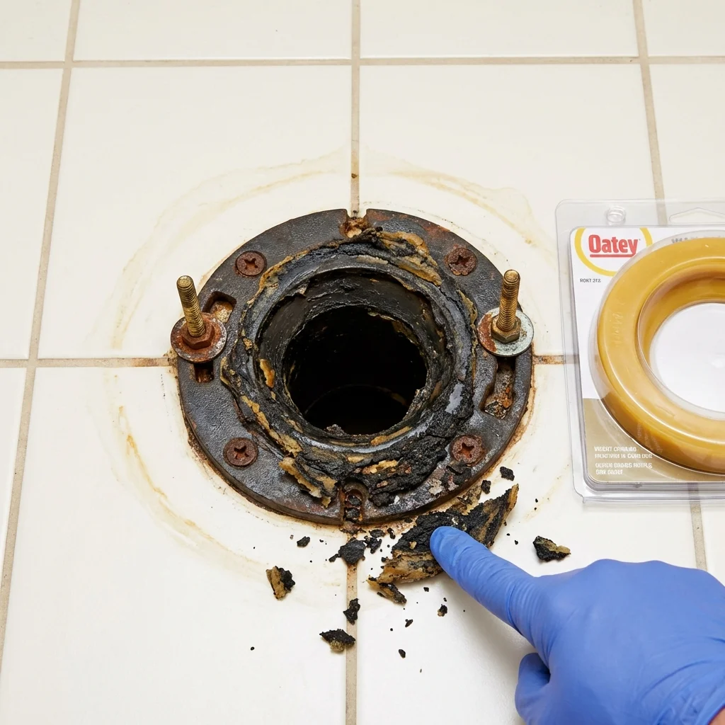 Failed wax ring showing water seepage at the base of a toilet in a Onalaska, WI home