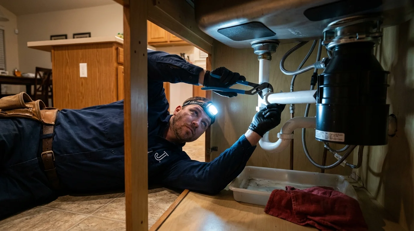 P-trap and supply line connections under a kitchen sink showing a common leak point in Onalaska, WI